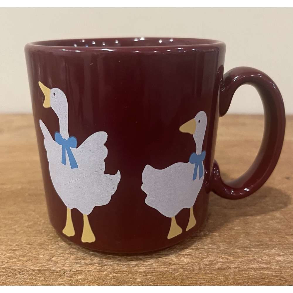 Vintage Bevvy Goose Mug Made in England Burgundy Geese Blue Bows Country Kitchen
